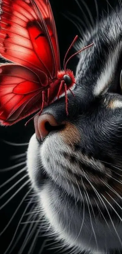 Close-up of a cat with a red butterfly on its nose.