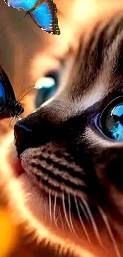 Cute cat staring at a blue butterfly.