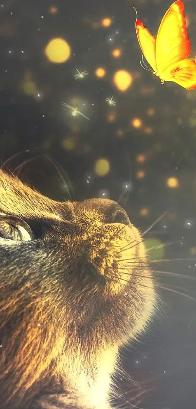 Enchanting cat stares at glowing butterfly in magical night scene.