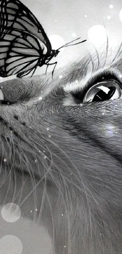 Grayscale sketch of a cat looking at a butterfly on its nose.