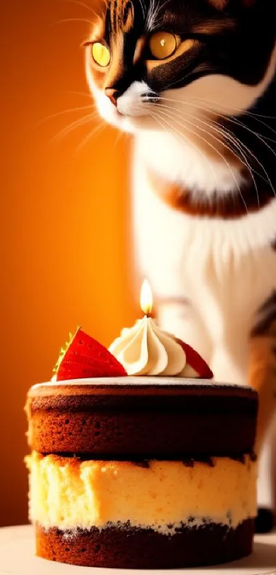 A curious cat next to a layered cake with an orange background.