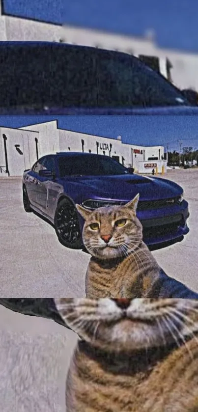 Mobile wallpaper featuring a cat with a car reflection, combining art and photography.