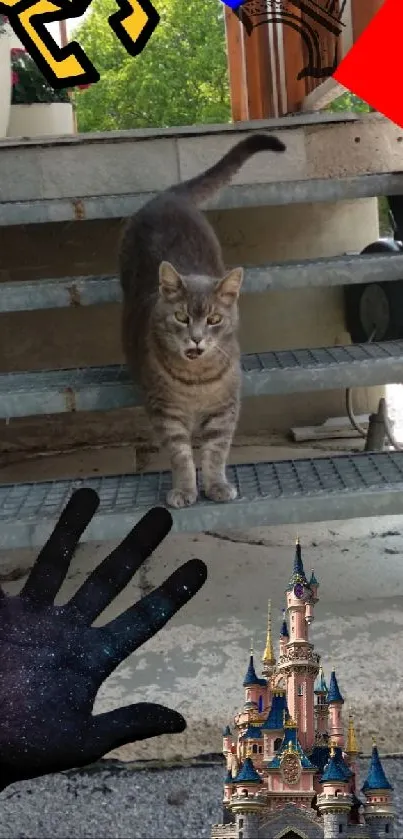 Curious cat on stairs with cosmic hand and enchanting castle in urban setting.