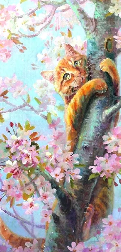 Cat clutching tree amid cherry blossoms, artistic wallpaper.