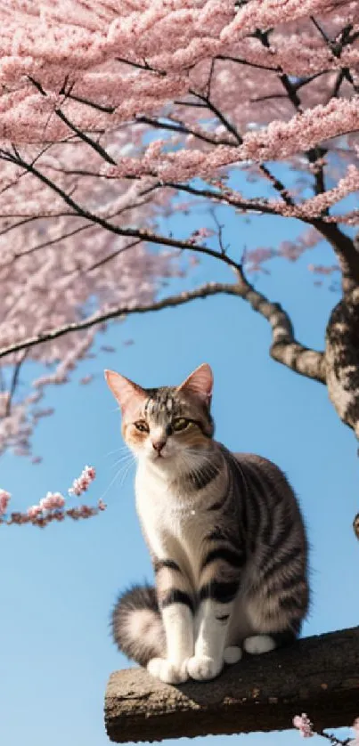 Cat sitting on a branch surrounded by cherry blossoms with a blue sky.