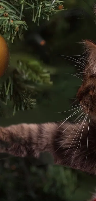 Kitten reaching for a golden ornament on a Christmas tree.