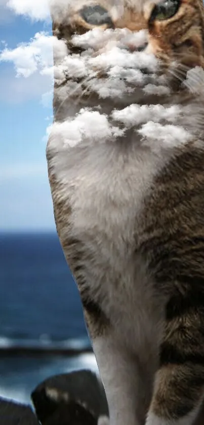 Fascinating image of a cat with clouds, blending over an ocean backdrop.