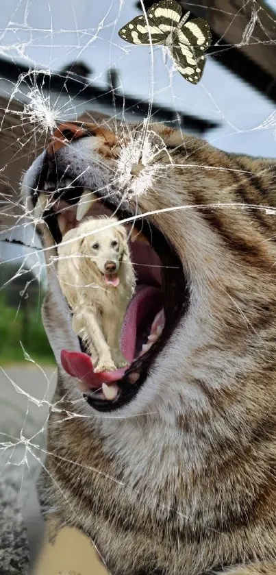 Whimsical wallpaper with a cat, dog illusion and cracked glass.