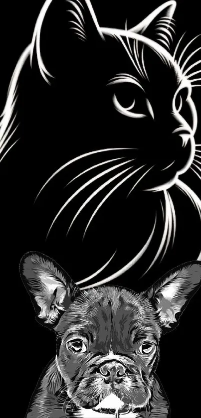 Cat and dog silhouette on black wallpaper, artistic monochrome design.