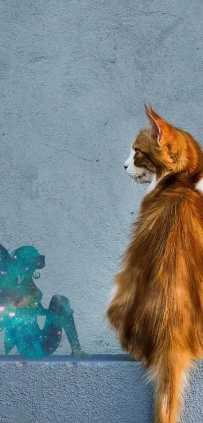 Ginger cat with teal fairy silhouette on blue wall.