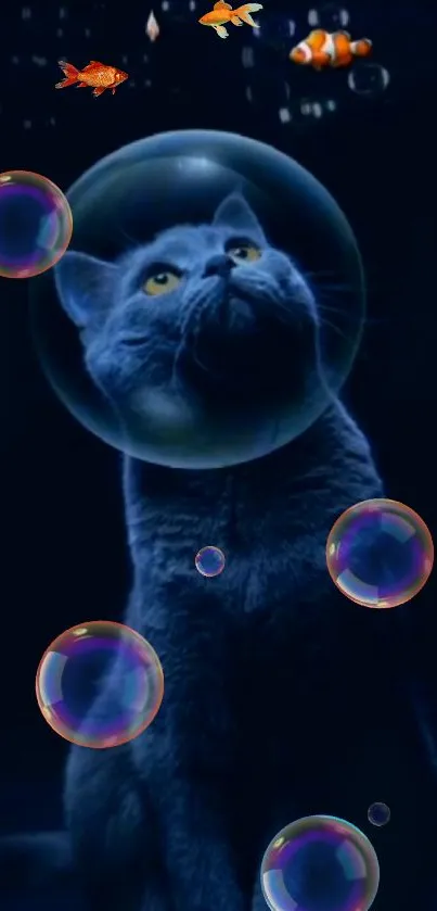 Cat with fish in a whimsical underwater setting.