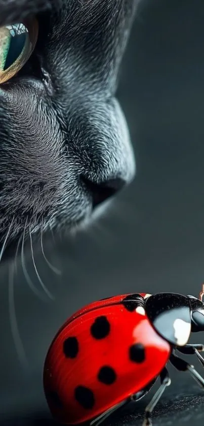 Black cat and red ladybug close-up.