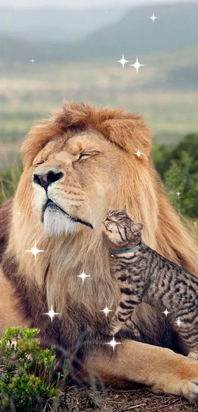 Cat nuzzling a lion in a serene landscape.