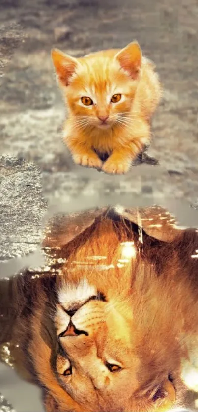 Ginger kitten with lion reflection in water.