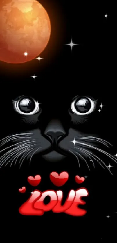 Illustrated black cat and red moon with love text on a black background.