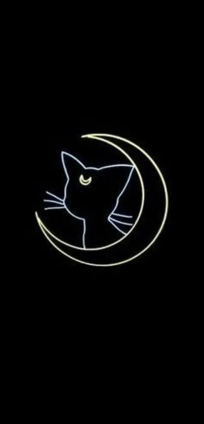 Minimalist neon cat and moon design on black background wallpaper.
