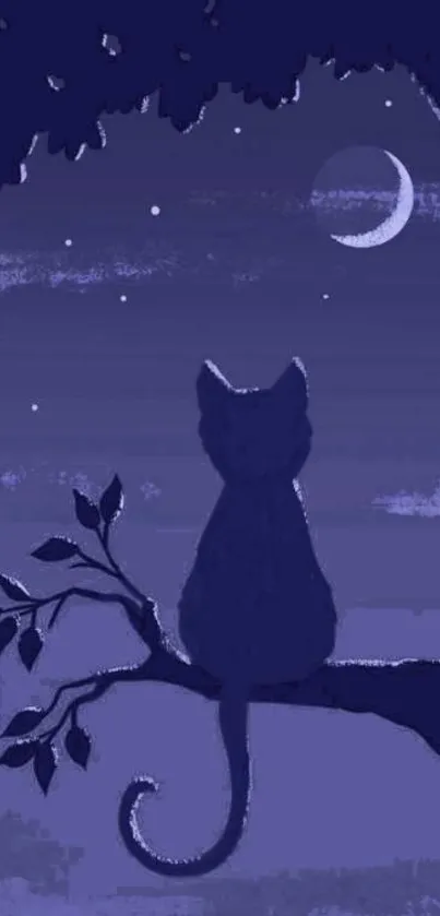 Silhouette of a cat on a branch under a moonlit night sky.