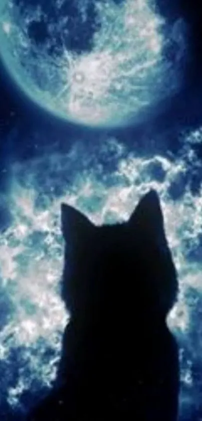 Silhouette of a cat under a glowing full moon in a dark blue night sky.