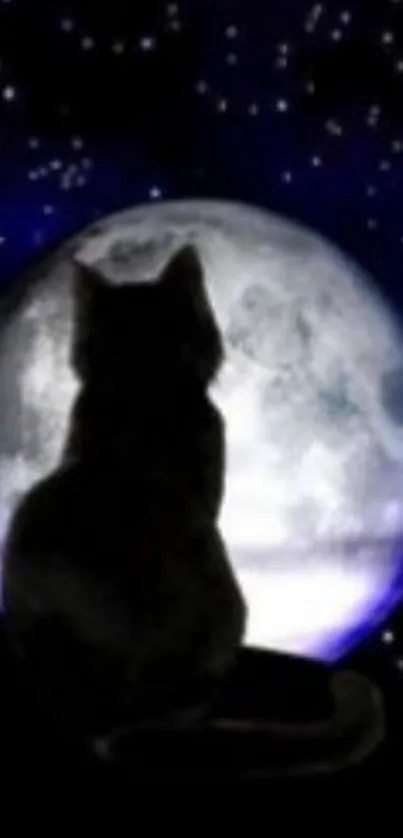 Cat silhouette against a glowing full moon with stars in the night sky.