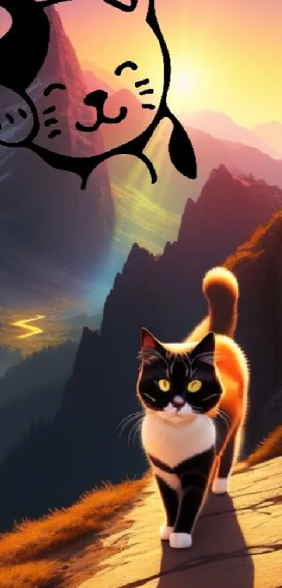 Whimsical cat on mountain path with colorful sunset in background.