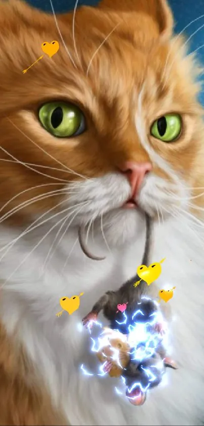 Realistic cat with a mouse in its mouth mobile wallpaper.