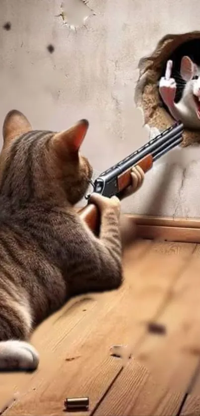 Humorous wallpaper with a cat aiming at a cheeky mouse in a standoff scene.