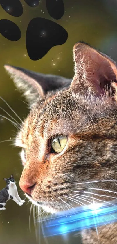 Cat with paw print mobile wallpaper featuring nature theme.