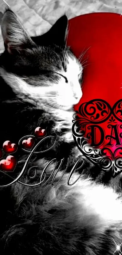 Cat with red heart and love design in sparkly effect.