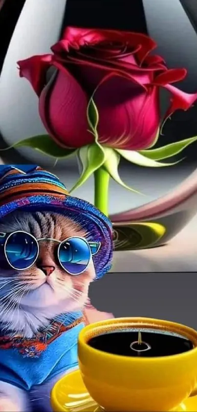 Cat in sunglasses with rose and cup, vibrant wallpaper design.