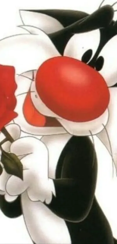 Cartoon cat holding a red rose with a whimsical expression.