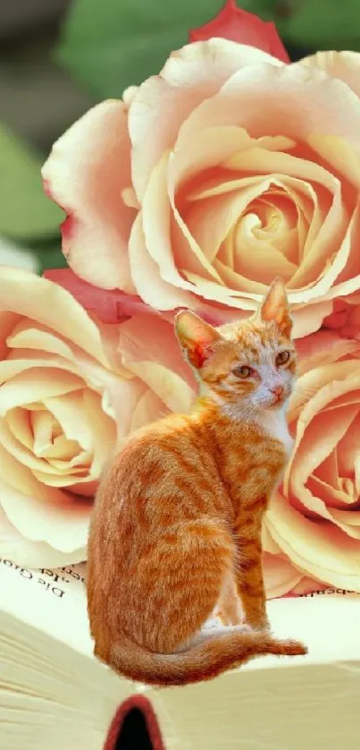 Ginger cat sitting on an open book with pink roses.