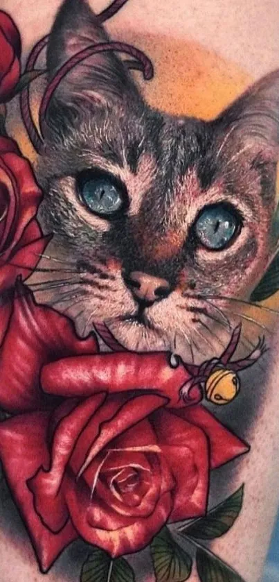 Tattoo of a cat surrounded by red roses.