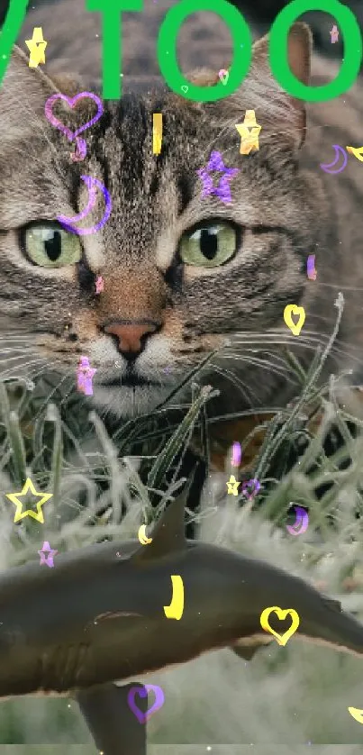 Cat stalking a shark among frosted grass in a surreal scene.