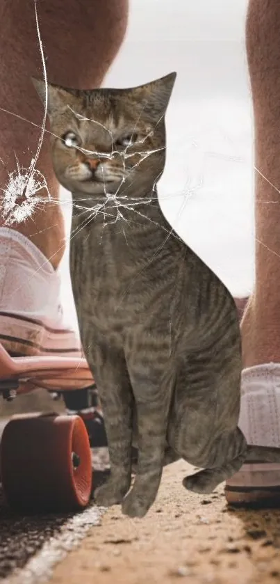 Cat with skateboard and cracked glass effect in urban wallpaper.