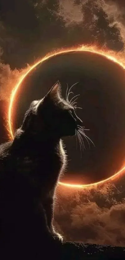 A cat silhouette with a solar eclipse background, creating a mysterious ambiance.