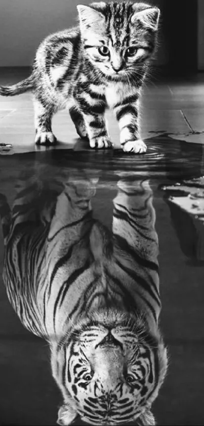 Monochrome cat with tiger reflection in water for phone wallpaper.