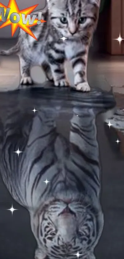 Kitten looks at tiger reflection in artistic design.