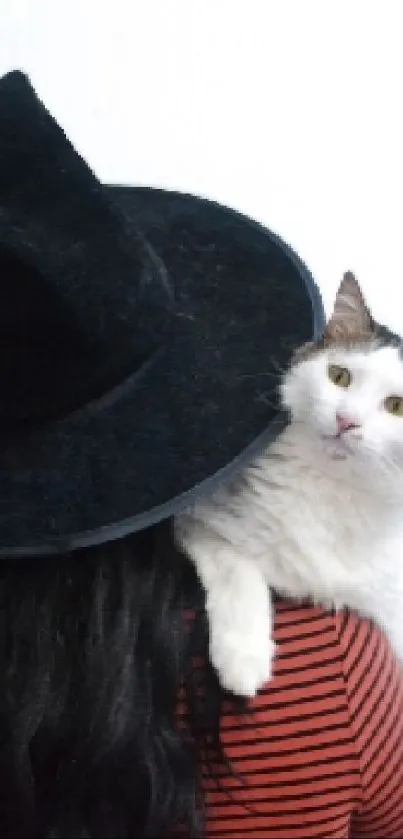 White cat on shoulder with black hat, cozy and whimsical vibe.