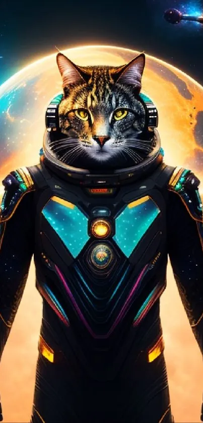 Astronaut cat in space suit with cosmic background.