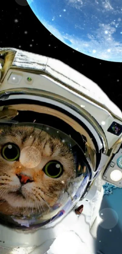 Charming cat astronaut floating in space with Earth in the background.