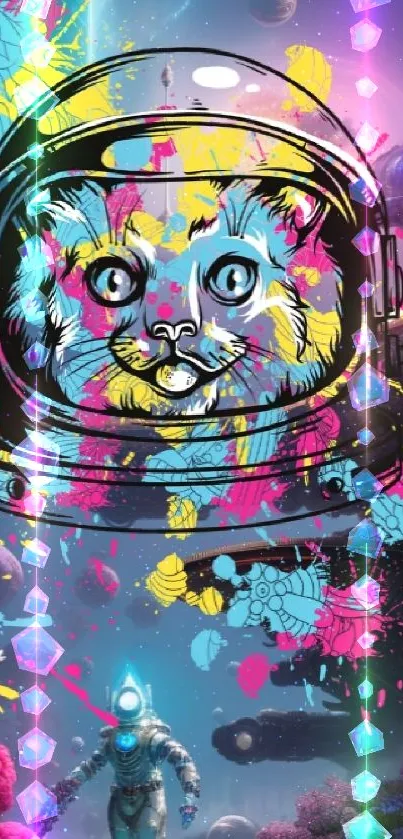 Cat astronaut with graffiti style in a vibrant futuristic space setting.