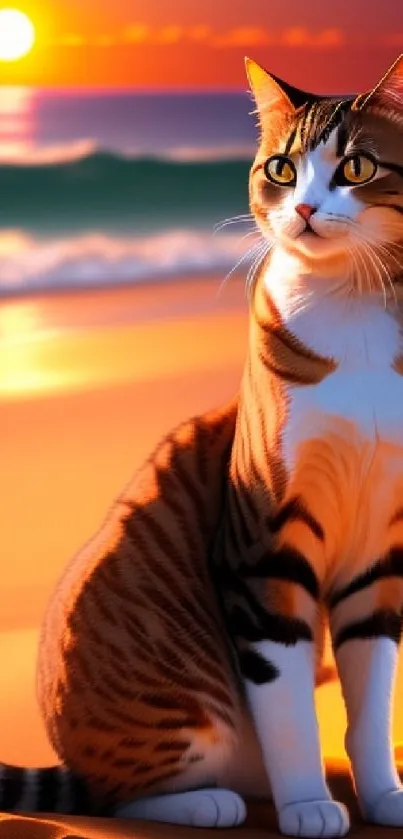 Cat sitting on beach with sunset background, vibrant orange hues.