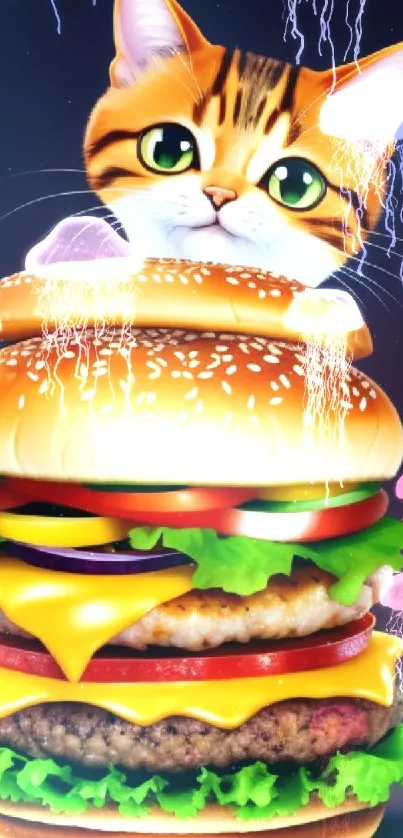 Adorable cat behind giant burger in colorful art style wallpaper.