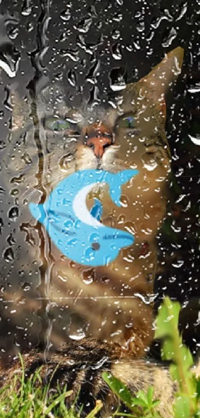 Cat sitting behind a rain-covered glass with a blue squeegee.