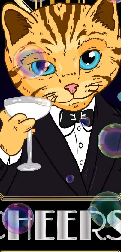 Art Deco cat in tux holding a cocktail with 'Cheers' text.