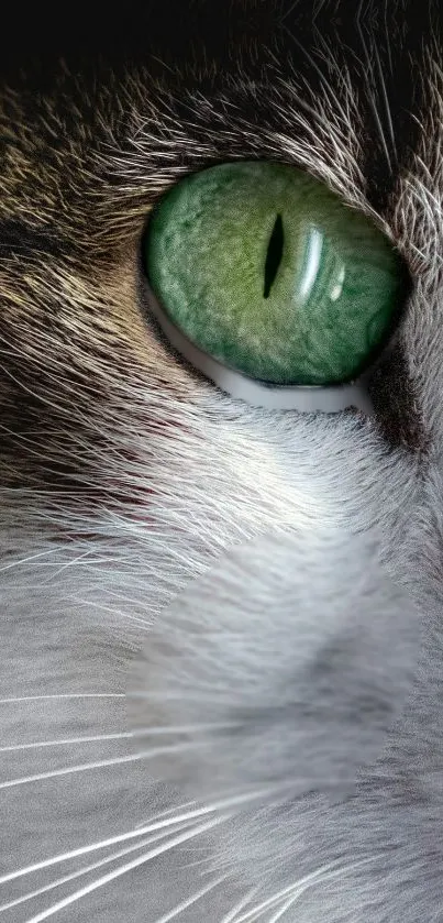 Close-up of a cat's green eye, showcasing fine fur details.