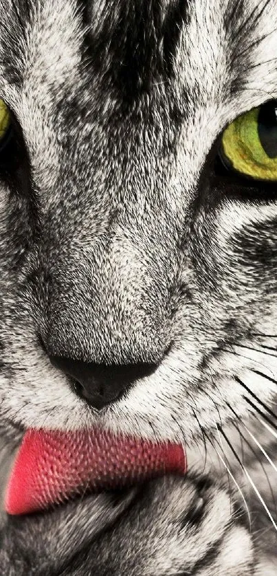 Close-up of a cat licking its paw with striking green eyes.