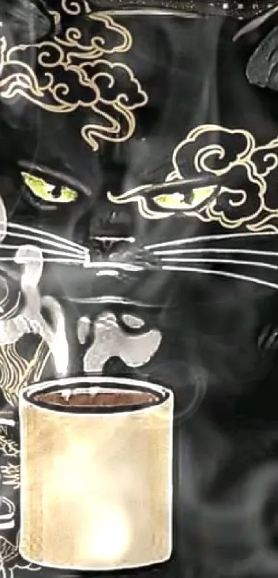 Black cat holding coffee mug with humorous text design.