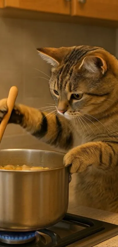 Adorable cat cooking on a stovetop.