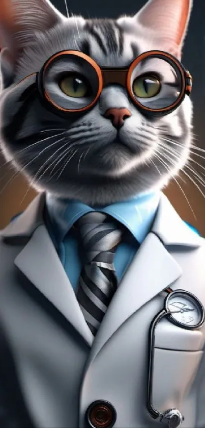 Adorable cat in a lab coat with glasses, digital art wallpaper.